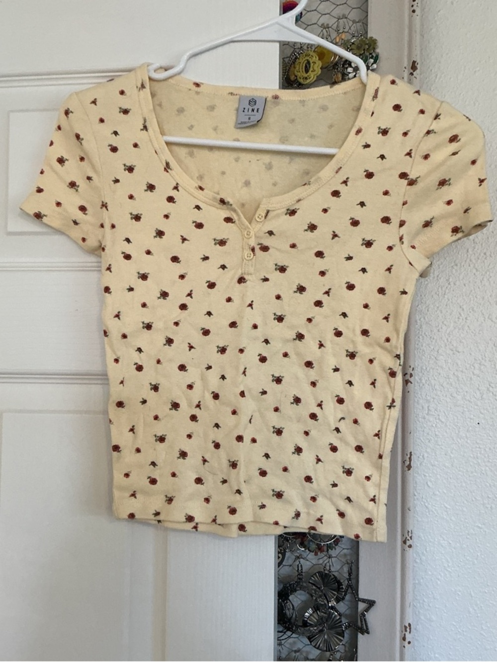 Zine Clothing Cream Scoop Neck Henley with Red Floral Dots